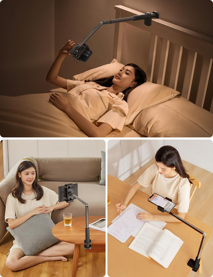 Phone Holder for Bed, 360° Rotation Cell Phone Stand, Flexible Long Arm Headboard Bedside Clip, Multi-Functional Overhead Phone Mount for 3.5-11" Phones, Tablets, Kindle, Black