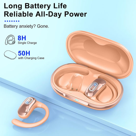 Open Ear Headphones, Bluetooth 5.4 Earbuds, 50H, Air Conduction Ear buds, HD Stereo Bass Over Ear Earphones with Earhooks, Ultra-Comfort Secure Fit, IPX7 Waterproof Headset for Working Sports, Orange