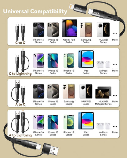 5 in 1 Retractable iPhone Fast Charging Cable, 2Pack 60W Multi Charging Cable 3.8Ft Multiple Lightning Charger Cord with USB-A/C to C/L Port for iPhone 16 15 14 13,iPad,Samsung S24 S23,Tablet & More