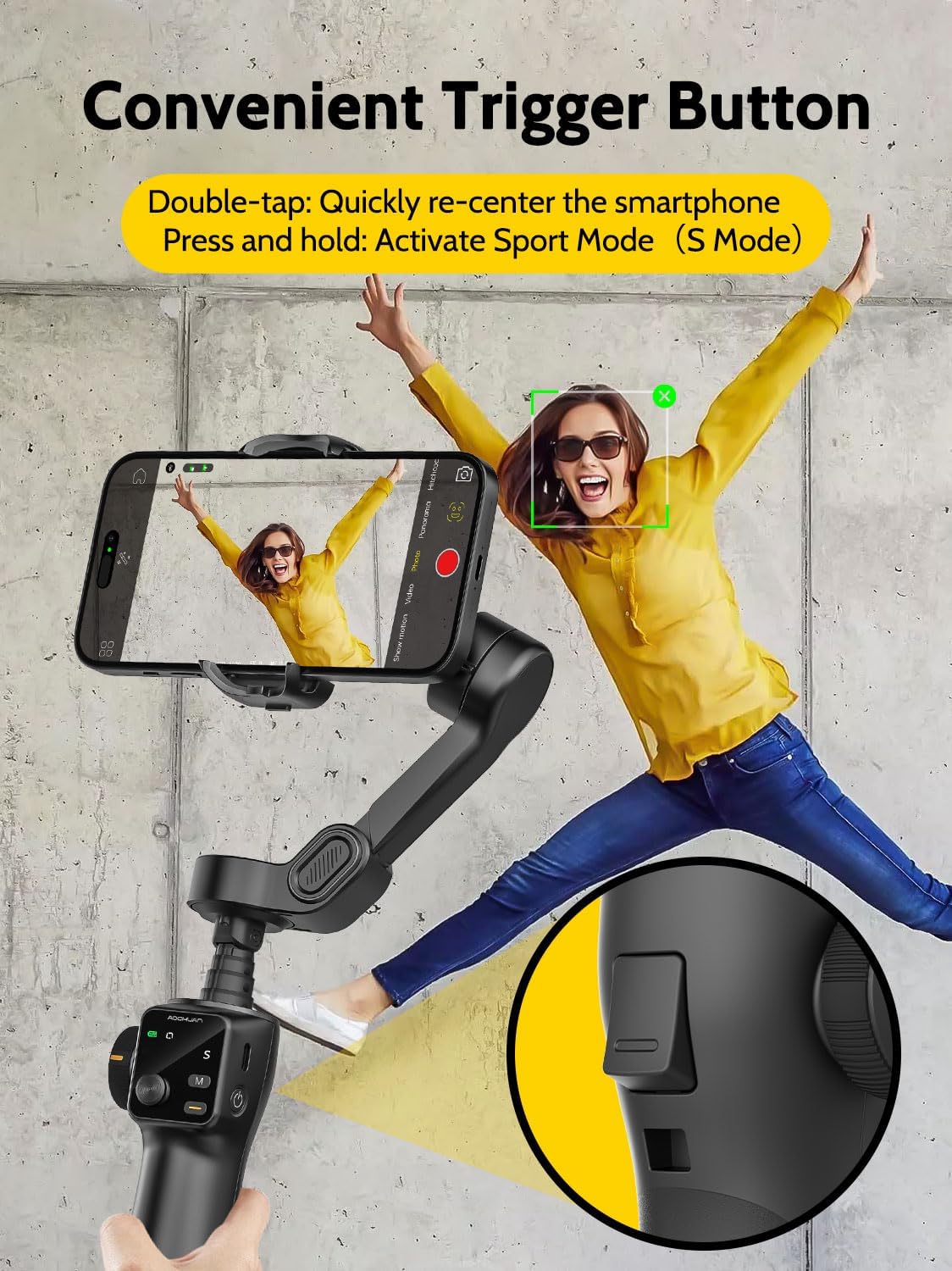 3-axis Gimbal Stabilizer w/Built-in 7.8' Extension Rod, Vlogging Phone Gimbal w/AI Tracking, Portable Smartphone Holder for iPhone w/Full-Screen OLED Display, Trigger Button Smart V8(Black)