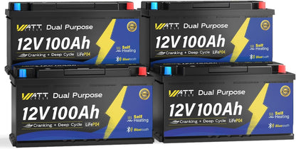12V 100Ah Bluetooth LiFePO4 Battery, [Cranking &Deep Cycle] Lithium Battery with Self-Heating, Built-in 200A BMS, Perfect for Trolling Motor, RV, Marine, Boat(4 Pack)