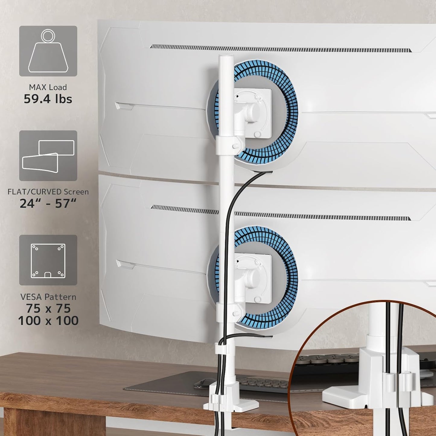 Dual Monitor-Arm Heavy Duty Ultrawide - 24-57 inch Vertical Dual Monitor Mount, Adjustable Stacked Double Monitor Desk Mount Stand, Max Load 59.4 lbs (per Screen), VESA 75/100 mm, White