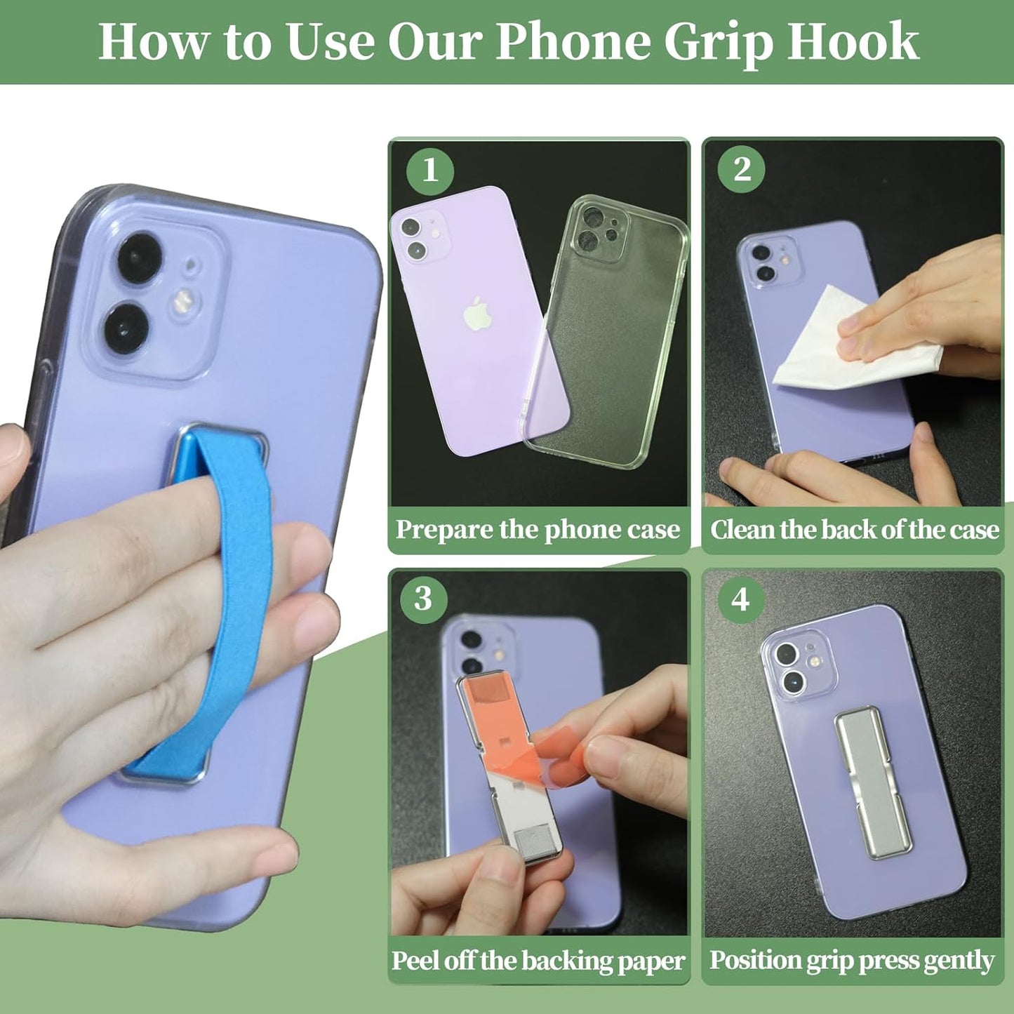 Phone Grip Strap Holder, 4 Pack Adhesive Flat Cellphone Stand Handle Kickstand Case with Elastic Finger Loop for Most Smartphones and Mini Tablets - Gold, Black, Rose Gold, Silver