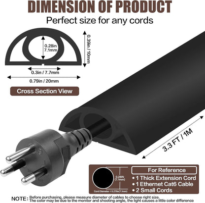 Floor Cord Cover Self Adhesive Cord Hider,3.3FT Cable Management, Extension Strip Protector for Wires, Prevent Cable Trips for Offices, Gyms, Exhibitions Cavity:0.3"(W) x 0.28"(H) Black