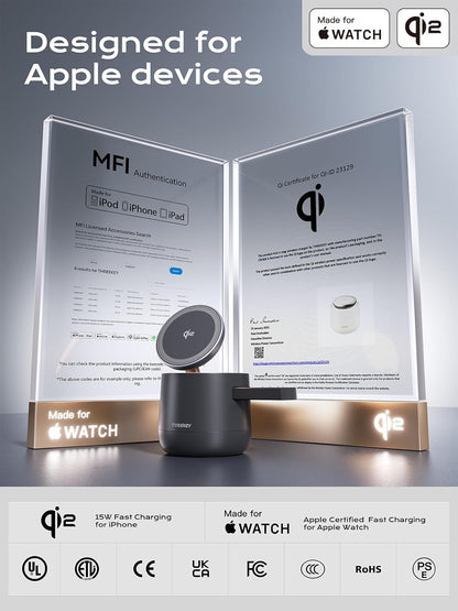 MFI Certified by Apple, 4 in 1 Magsafe Wireless Charging Station, Qi2 15W Magsafe Charger for iPhone 17/16/15/14/13/12 Series, iWatch, Airpods, iPad, 65W Charger Included (Black, 4 in 1)