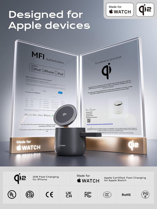 MFI Certified by Apple, 4 in 1 Magsafe Wireless Charging Station, Qi2 15W Magsafe Charger for iPhone 17/16/15/14/13/12 Series, iWatch, Airpods, iPad, 65W Charger Included (Black, 4 in 1)