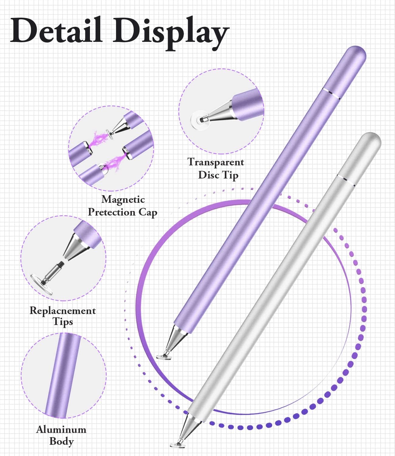 Stylus Pen for iPad, LUNTAK Stylus Pens for Apple/iPhone/Ipad pro/Mini/Air/Android/Microsoft/Surface All Capacitive Touch Screens Universal with 4 Replacement Tips (2 Pcs, Purple and Silver)