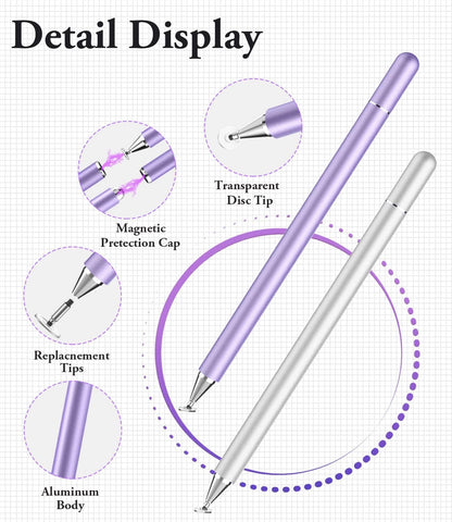 Stylus Pen for iPad, LUNTAK Stylus Pens for Apple/iPhone/Ipad pro/Mini/Air/Android/Microsoft/Surface All Capacitive Touch Screens Universal with 4 Replacement Tips (2 Pcs, Purple and Silver)