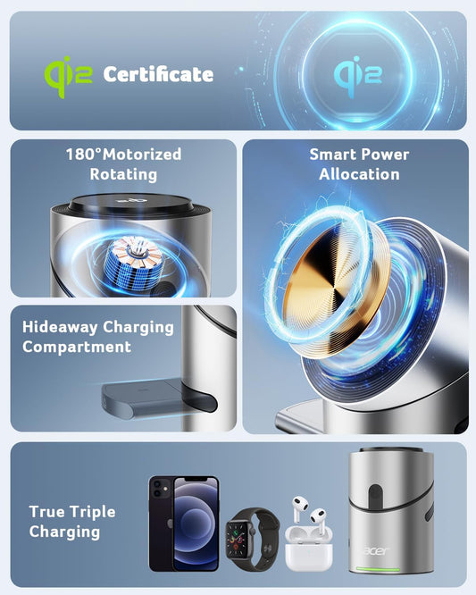 Acer 3 in 1 Charging Station for Apple - Qi2 15W iPhone Wireless Charging Station, Magsafe Charger Stand for iPhone 16 15 14 13 12 - Apple Watch - Airpods Series (Charger & USB-C Included)