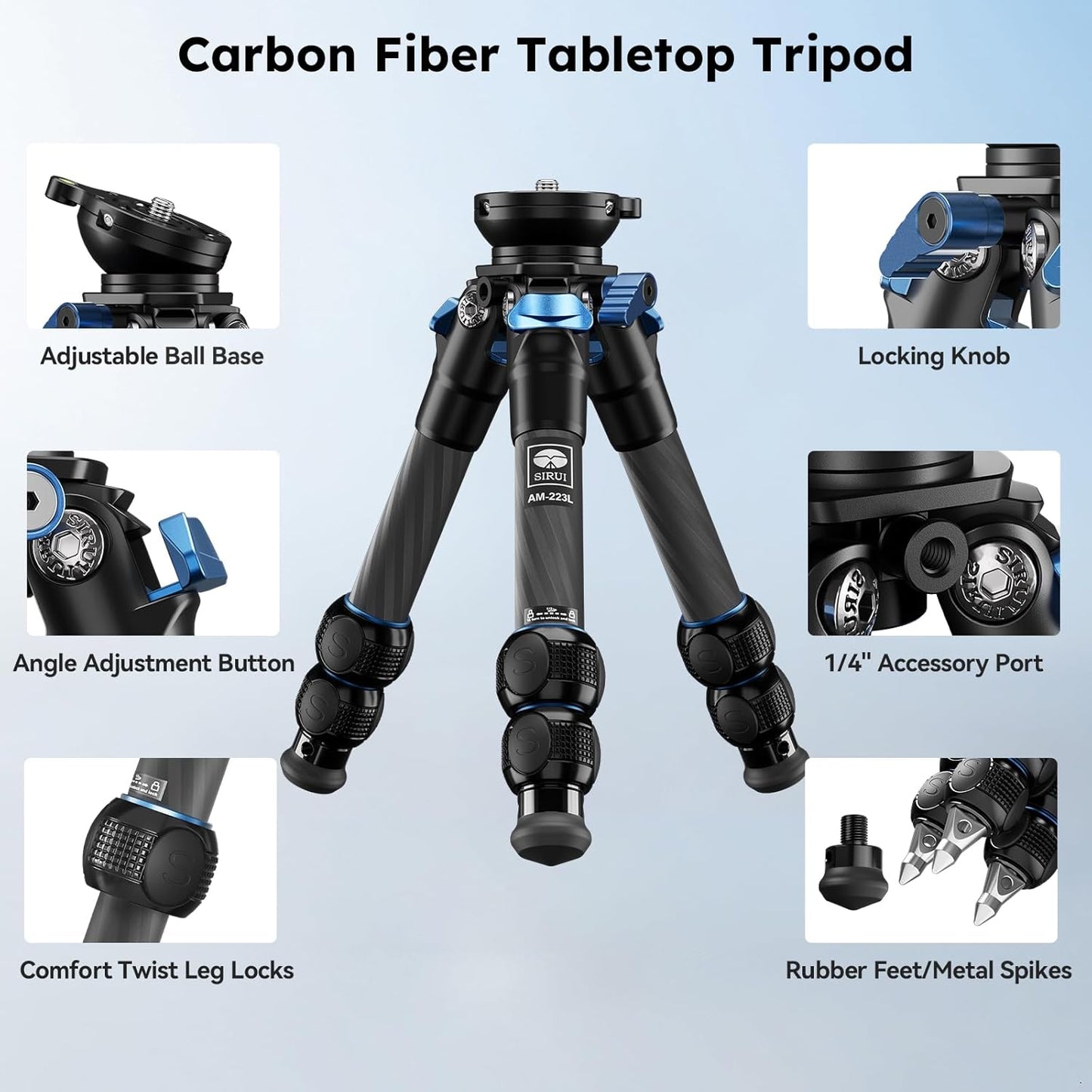 SIRUI Carbon Fiber Tabletop Tripod Kit with ±15° Bowl Adjustment, Compact Ultra-Light Weight Only 0.62kg, Max Load 5kg/11.02lb for Cameras, DSLR（AM-223L）