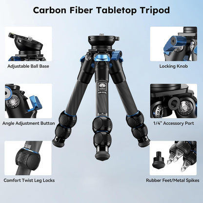 SIRUI Carbon Fiber Tabletop Tripod Kit with ±15° Bowl Adjustment, Compact Ultra-Light Weight Only 0.62kg, Max Load 5kg/11.02lb for Cameras, DSLR（AM-223L）