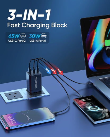 USB C Charger Block 160W, 3-Port GaN Super Fast Charger, Dual 65W Type C Charging Block, Foldable QC3.0 Laptop Fast Charging for MacBook, iPhone, Samsung, Galaxy, iPad, Android (Black, 1 Pack)