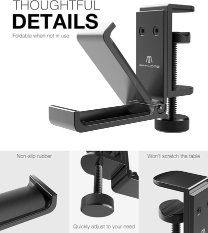 New Foldable Headphone Stand Hanger Holder Aluminum Headset Soundbar Stand Clamp Hook Under Desk Space Save Mount, Universal Fit Gaming Headphones, Black