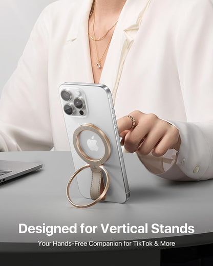 andobil[2025 Premium Leather]Magnetic Phone Grip for MagSafe[Unrivaled Stability]Adjustable Phone Ring Kickstand with Leather Loop Compatible with MagSafe Accessories&iPhone 16 Pro Max/15/14/13,Greige