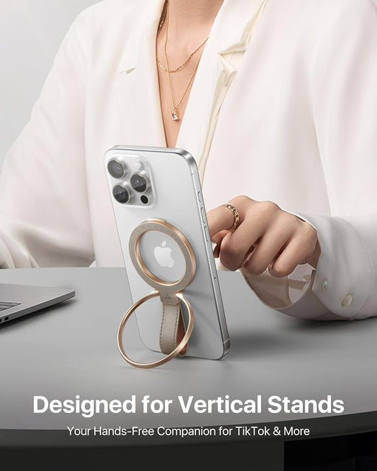 andobil[2025 Premium Leather]Magnetic Phone Grip for MagSafe[Unrivaled Stability]Adjustable Phone Ring Kickstand with Leather Loop Compatible with MagSafe Accessories&iPhone 16 Pro Max/15/14/13,Greige