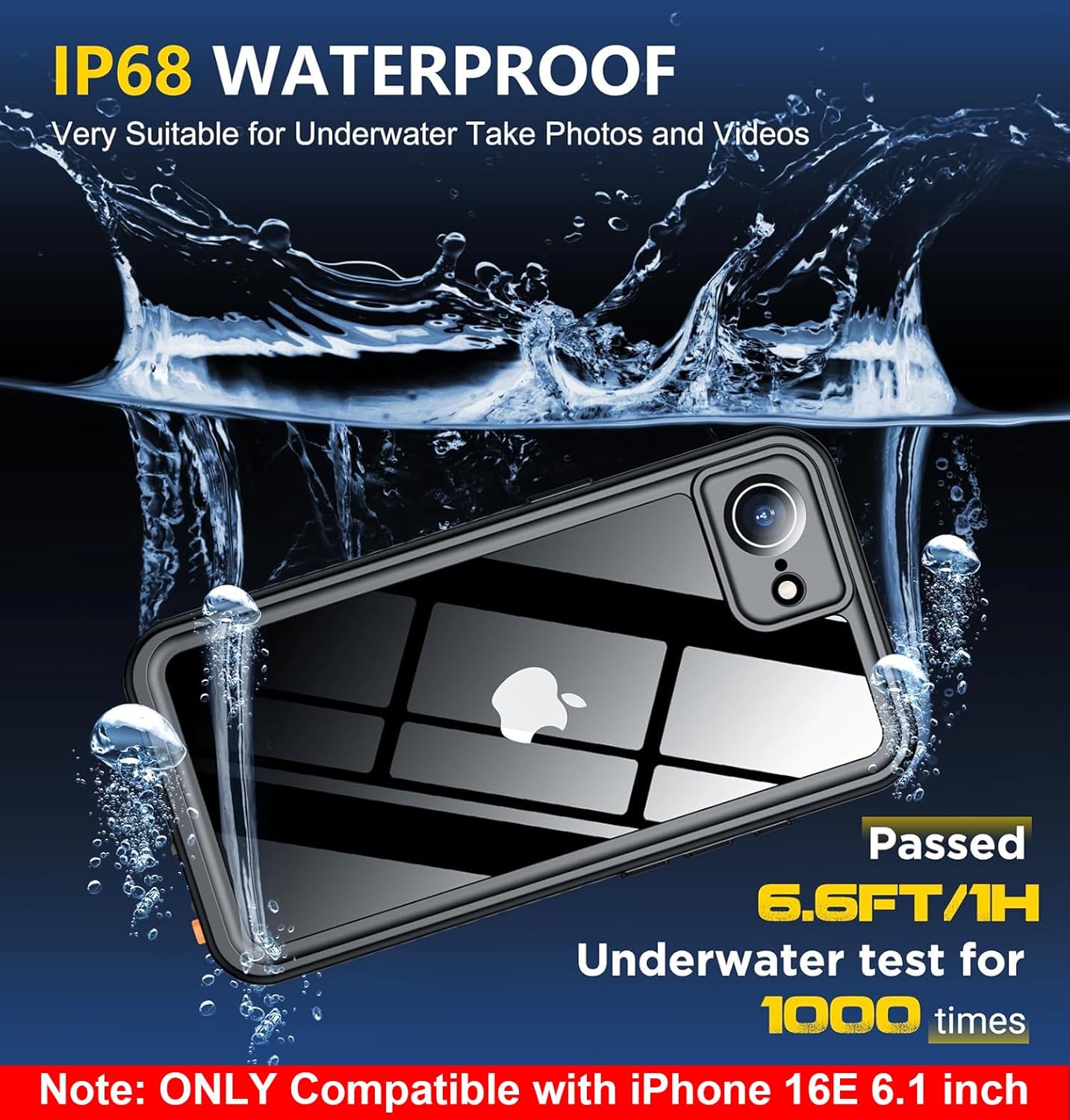 SPIDERCASE for iPhone 16e Case Waterproof,Built-in Screen & Camera Lens Protector[IP68 Underwater] Full Body Protection Phone Case for iPhone 16e 6.1'', Black/Clear