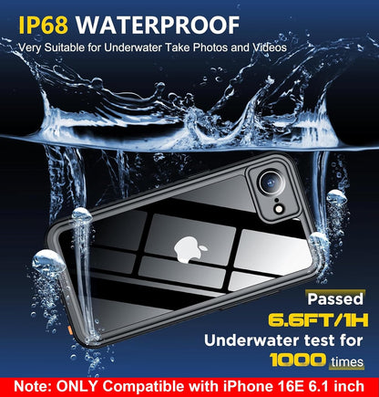 SPIDERCASE for iPhone 16e Case Waterproof,Built-in Screen & Camera Lens Protector[IP68 Underwater] Full Body Protection Phone Case for iPhone 16e 6.1'', Black/Clear