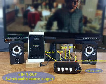 4-Way 3.5mm Stereo Audio Switch Input Signal Source Switcher Selector Splitter Box with line Volume Controller (4 in 1 Out / 1 in 4 Out) -MC41