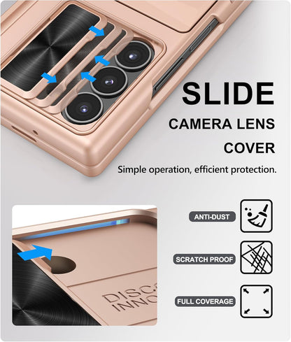 for Samsung Galaxy Z Fold 6 Case with Card Holder & S Pen Holder & Screen Protector & Slide Camera Protection & Hinge Protection, Shockproof Wallet Phone Case for Z Fold 6 5G 2024, Rose Gold