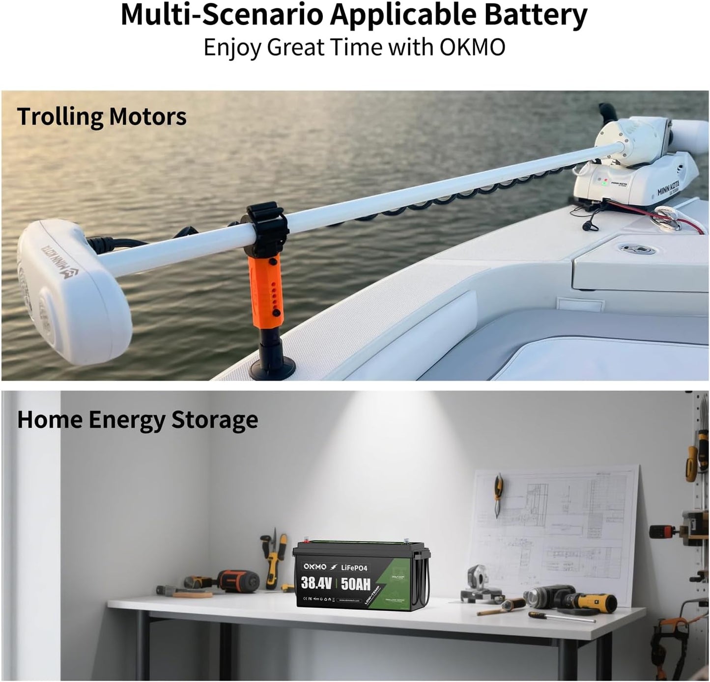 OKMO 36V 50Ah Trolling Motor LiFePO4 Lithium Battery with 100A BMS Low-Temp Protection for 36V Trolling Motor