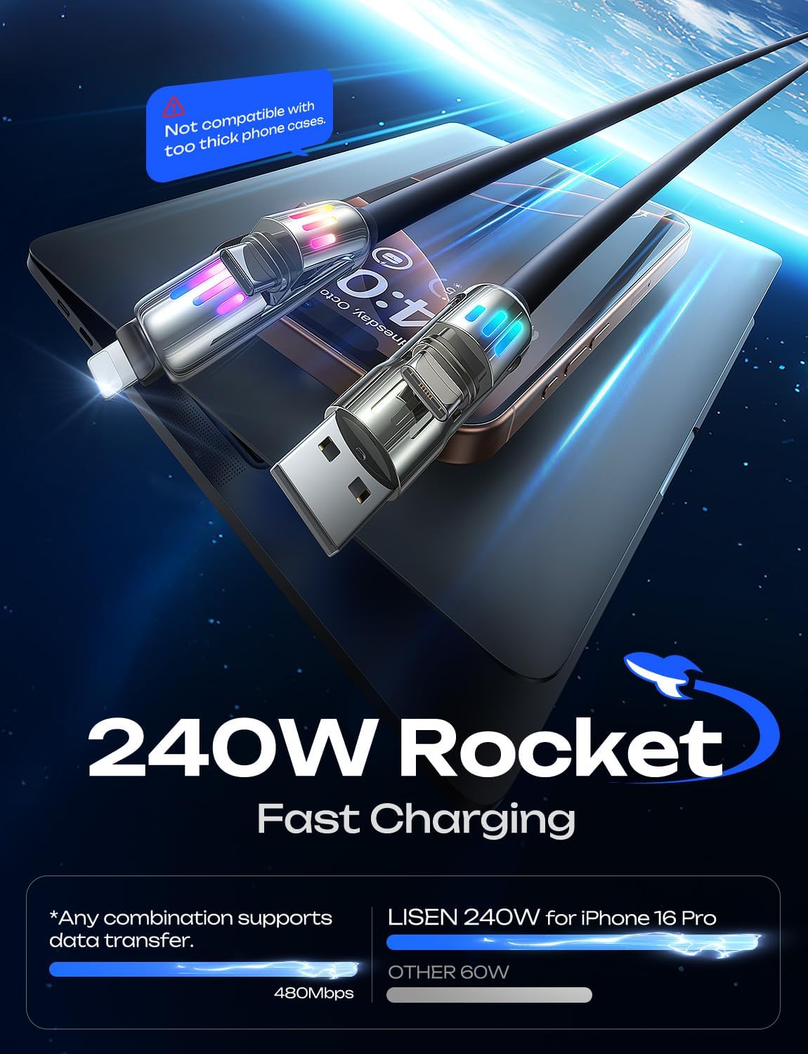 LISEN 240W USB-C Charge Cable, Soft USB C Cable, 4 in 1 Charging Cable (6.6FT) with Light, USB A/C to C/L Multi Charging Cable for iPhone 16 15 14 13 12 Pro Max, MacBook, iPad, Samsung, Black