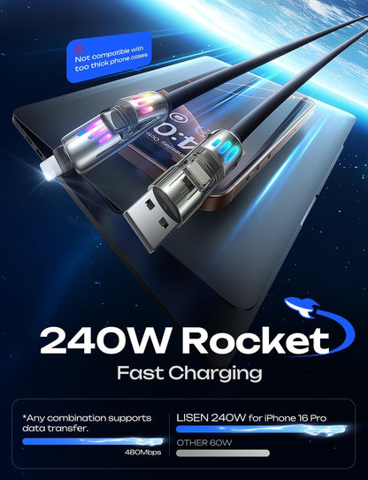 LISEN 240W USB-C Charge Cable, Soft USB C Cable, 4 in 1 Charging Cable (6.6FT) with Light, USB A/C to C/L Multi Charging Cable for iPhone 16 15 14 13 12 Pro Max, MacBook, iPad, Samsung, Black