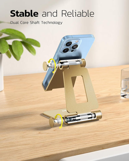 Nulaxy Dual Folding Cell Phone Stand, Fully Adjustable Foldable Desktop Phone Holder Cradle Dock Compatible with iPhone 17 16 15 14 13 12 11 Pro Xs Xs Max Xr X 8, Nintendo Switch, All Phones - Gold