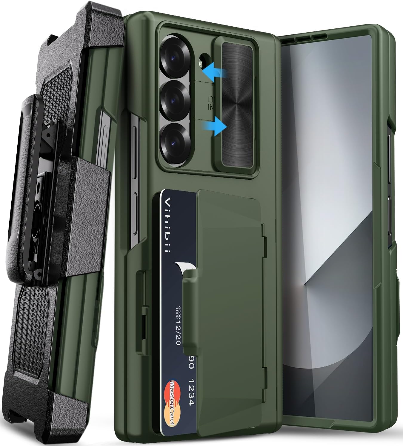 Vihibii for Samsung Galaxy Z Fold 6 Case with Belt Clip Holster & Card Holder & Screen Protector & Camera Cover & Hinge Protection, Full Body Cover Sturdy Wallet Phone Case for Galaxy Z Fold 6, Green