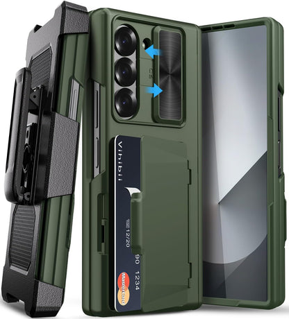 Vihibii for Samsung Galaxy Z Fold 6 Case with Belt Clip Holster & Card Holder & Screen Protector & Camera Cover & Hinge Protection, Full Body Cover Sturdy Wallet Phone Case for Galaxy Z Fold 6, Green