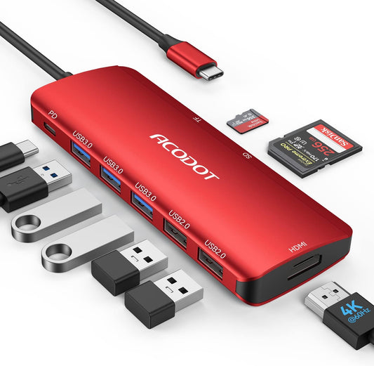 Acodot 9-in-1 USB C Hub Multiport Adapter - 4K@60HZ HDMI, 3 USB 3.0 Ports, SD/TF Card Reader, 100W PD for MacBook Pro Air HP XPS - Red