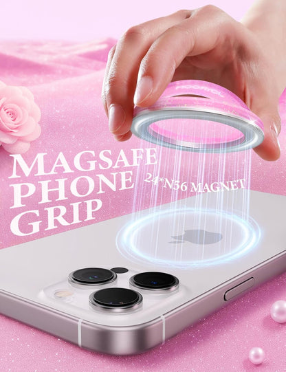 JOYROOM Magnetic Phone Grip, Silicone Finger Loop Grip [Stylish Twinkle][Glitter] Phone Grip for Magsafe, for iPhone 16 Pro Max/15 Pro Max/14/13/12 Series, Pink