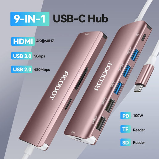 Acodot 9 in 1 USB C to 4K@60HZ HDMI Multiport Adapter, 3 USB 3.0 Ports, SD/TF Card Reader, 100W PD, Designed for MacBook Pro Air HP XPS etc, Rose Gold