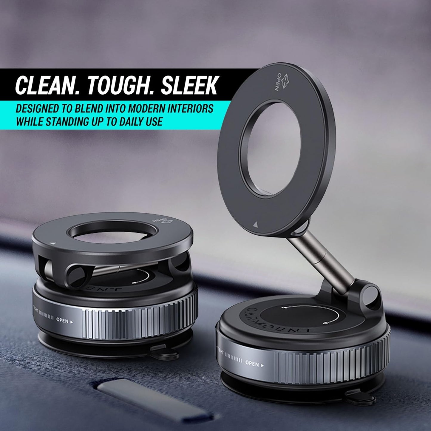 CARMOUNT Clutch–X One – Cell Phone Car Mount for iPhone – 360° Magnetic Phone Holder for Car, 96LBS Suction Cup Phone Mount for Car & Phone Holder for Desk, Metal Strut (Black)