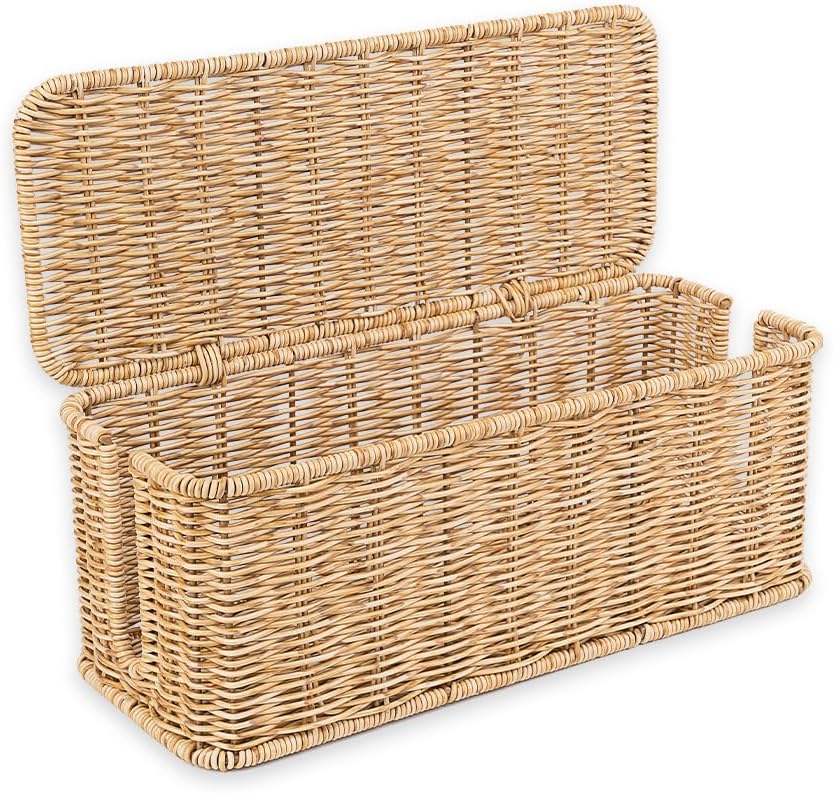 Cable Management Box, Handmade Rattan Cable Organizer, 2 Open Slots Cords Hider Box, Under Desk Cord Organizer for Computer Router USB Hub & Power Strip, Patent Pending, 13" x 5.1" x 5.1", Natural