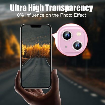 AGVEE 3+3 6 Pack Camera Lens Protector Compatible with iPhone 15/15 Plus, Bling Diamond & Glitter Metal Ring 9H Tempered HD Glass Camera Protector Cover Film, Bling-Pink