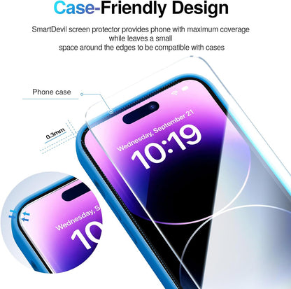 SMARTDEVIL 2 Pack Screen Protector for iPhone 14 Pro(6.1 Inch) Tempered Glass, HD Clear Film, Easy Installation, Dust-Free & Bubble-Free