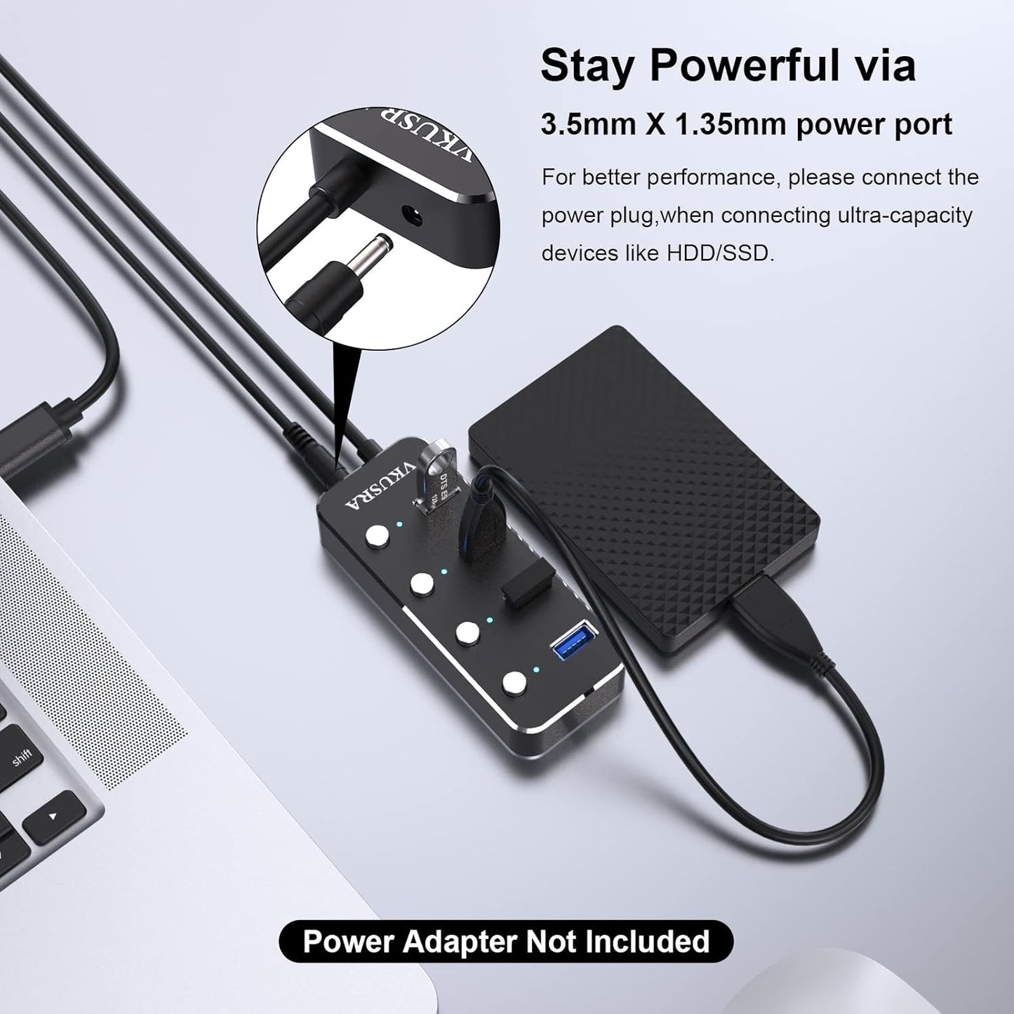 USB Hub,VKUSRA 4 Port USB 3.0 Hub Splitter with 4ft USB Long Cable and Individual LED On/Off Switch,USB Port Expander for Laptop PC