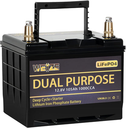 WEIZE 12V 105AH Dual Purpose LiFePO4 Lithium Battery, 1000CCA Group 31 Group 27 GC2 Starter Battery Plus Deep Cycle Performance, Built-in Smart BMS, Perfect for Automotive, Trolling Motor, Marine, RV