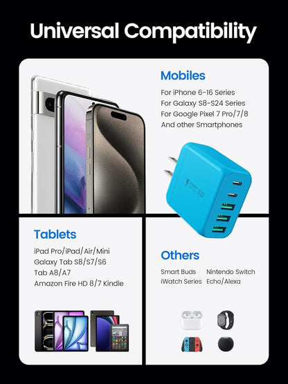 USB C Charger Block, [2-Pack] Type C Charger Fast Charging,50W 5-Port USB Wall Charger Multiport Type C Charging Block Cube for iPhone 1615 14 13 12 11 Pro Max XS,iPad,Samsung&More-Blue