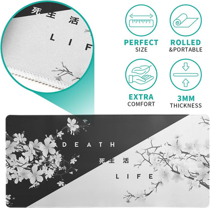 Black and White Mouse Pad 31.5 X 11.8 Inch Japanese Cherry Blossom Extended Large Mouse Mat Non-Slip Rubber Mousepad Stitched Edges Keyboard Mouse Mat Desk Pad for Office Home Game