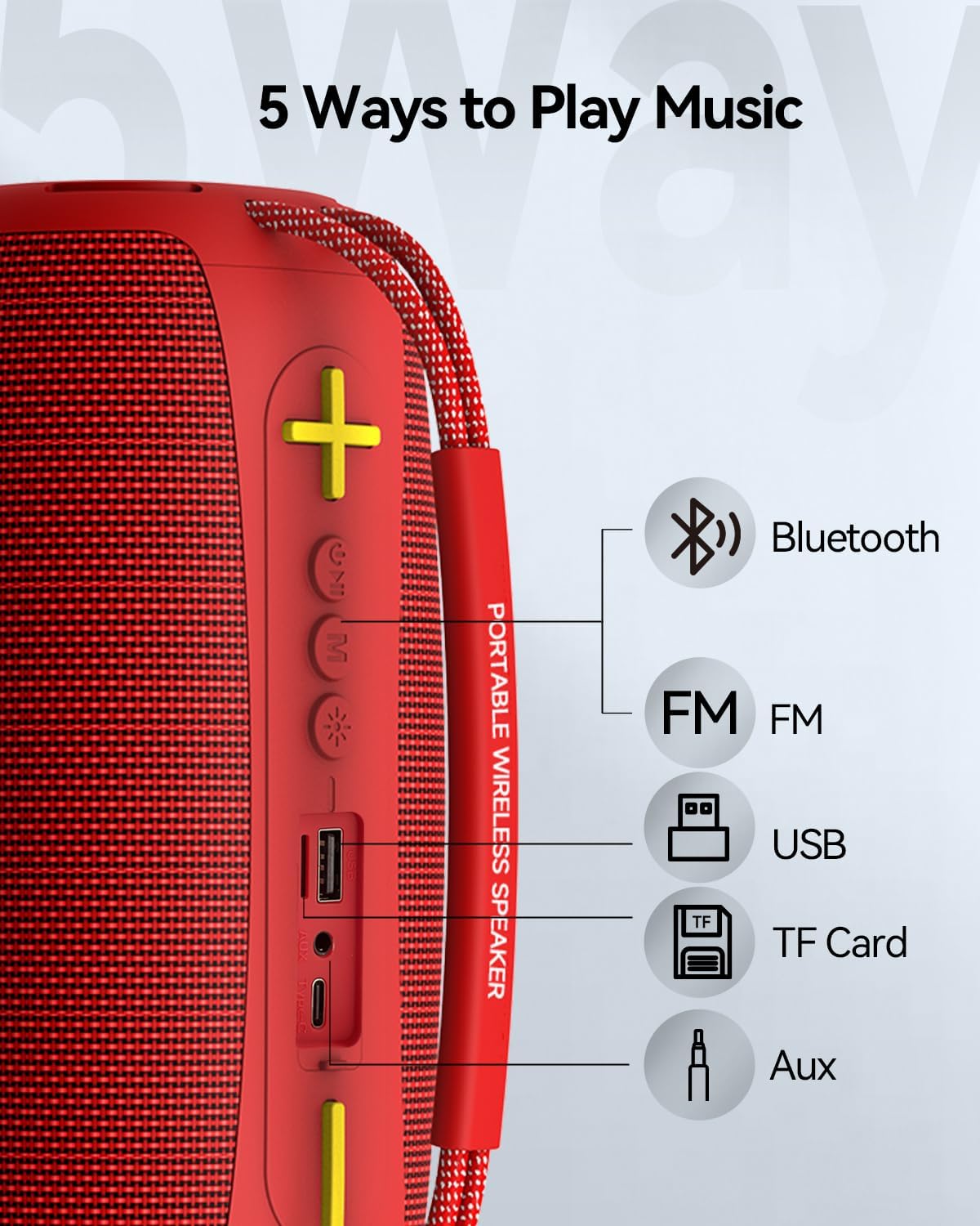 Portable Bluetooth Speaker with Light, Loud Sound and Deep Bass, IPX6 Waterproof, Up to 18H Playtime, TWS Pairing, Support Bluetooth/AUX/USB/TF Card for Home, Party, Outdoor and Travel (Red)