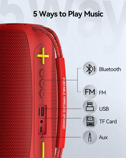 Portable Bluetooth Speaker with Light, Loud Sound and Deep Bass, IPX6 Waterproof, Up to 18H Playtime, TWS Pairing, Support Bluetooth/AUX/USB/TF Card for Home, Party, Outdoor and Travel (Red)