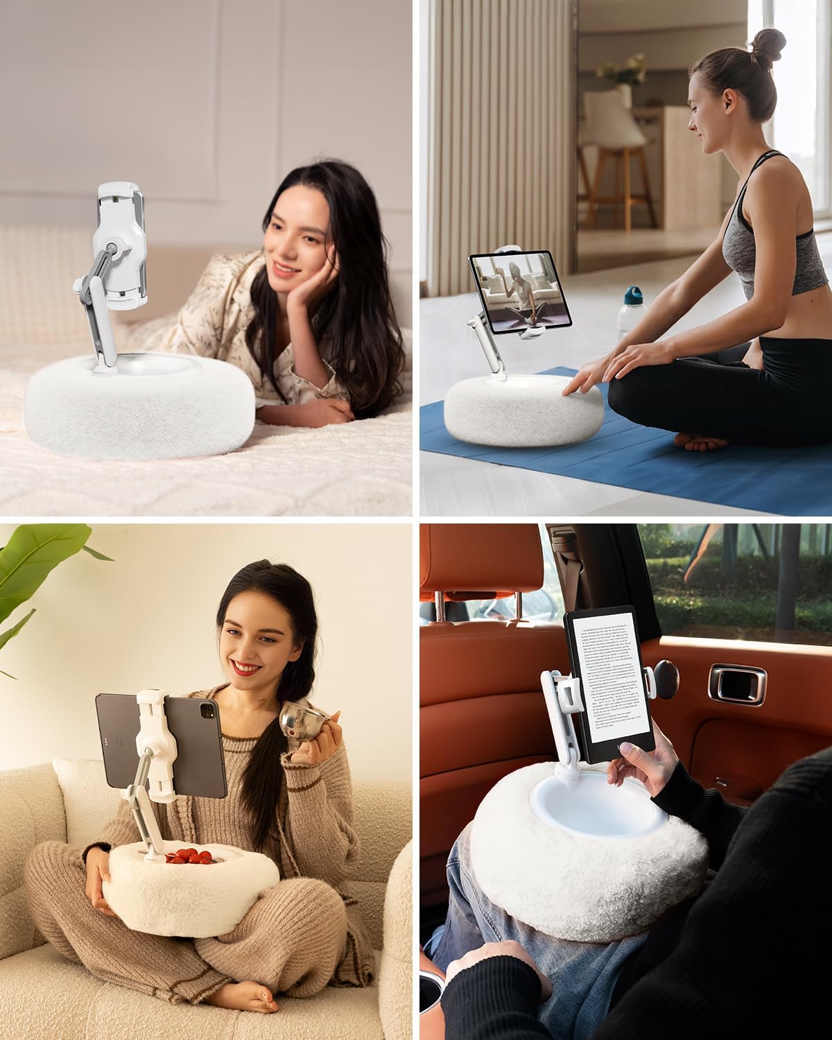 Viozon Tablet Stand Pillow, Compatible with 4.7"-13" Phone/Tablet, iPad, iPhone, Samsung, Google, Kindle, 360°Adjustable Phone Holder for Bed with Soft Plush Fabric, and Detachable Bowl, White