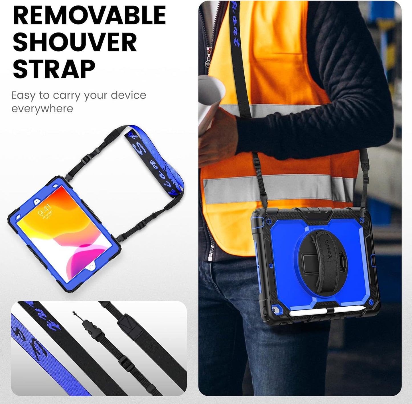 Timecity Case for iPad 9th/ 8th/ 7th Generation 10.2 inch - Heavy Duty Protective Cover with Screen Protector, Rotating Stand, Shoulder Strap & Pencil Holder | Kids-Friendly (Dark Blue)