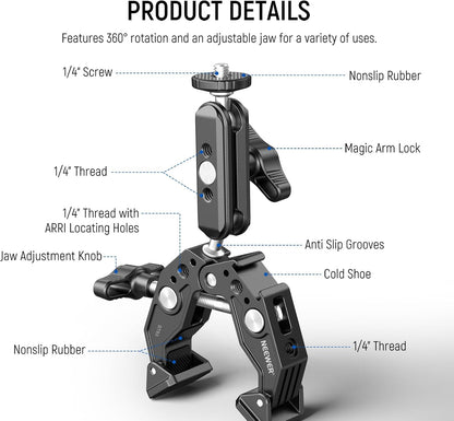 NEEWER Super Clamp with 3" Dual Ballhead Magic Arm, Cold Shoe, 1/4" Threads, Phone/Action Camera Mount Adapter for Desk Tripod Tube Crossbar Gimbal Rods Compatible with SmallRig GoPro DJI, ST83