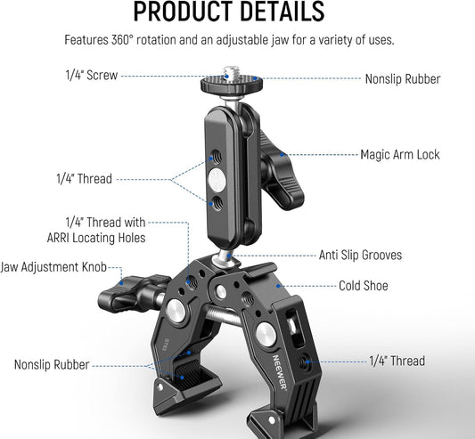 NEEWER Super Clamp with 3" Dual Ballhead Magic Arm, Cold Shoe, 1/4" Threads, Phone/Action Camera Mount Adapter for Desk Tripod Tube Crossbar Gimbal Rods Compatible with SmallRig GoPro DJI, ST83