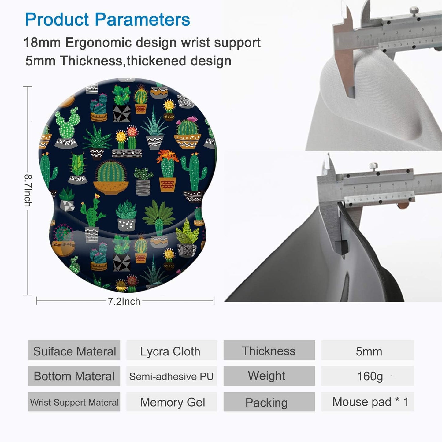 ITNRSIIET Ergonomic Mouse Pad with Gel Wrist Support Small Wrist Rest Smooth Surface Non-Slip PU Base Comfortable Office Supplies Pain Relief, 8.7 x 7.2 inches, Cute Cactus with Black Design