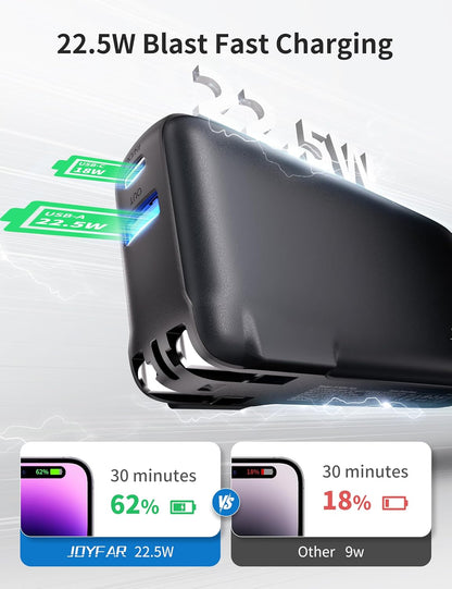 1 Pack Portable Charger with Built-in USB-C Cable & Plug, 10,000mAh 5V/4.5A Power Bank Fast Charging 22.5W, Travel Essential Battery Pack 3 Output for iPhone 16/15 Series, Samsung Galaxy, iPad