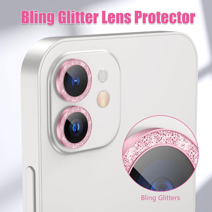 AGVEE 3+3 6 Pack for iPhone 12 Pro/12/12 Mini/11 Pro Max/11 Pro/11 Camera Lens Cover Protector, Diamond & Glitter Metal Ring 9H Tempered HD Glass Camera Protector, Bling-Pink