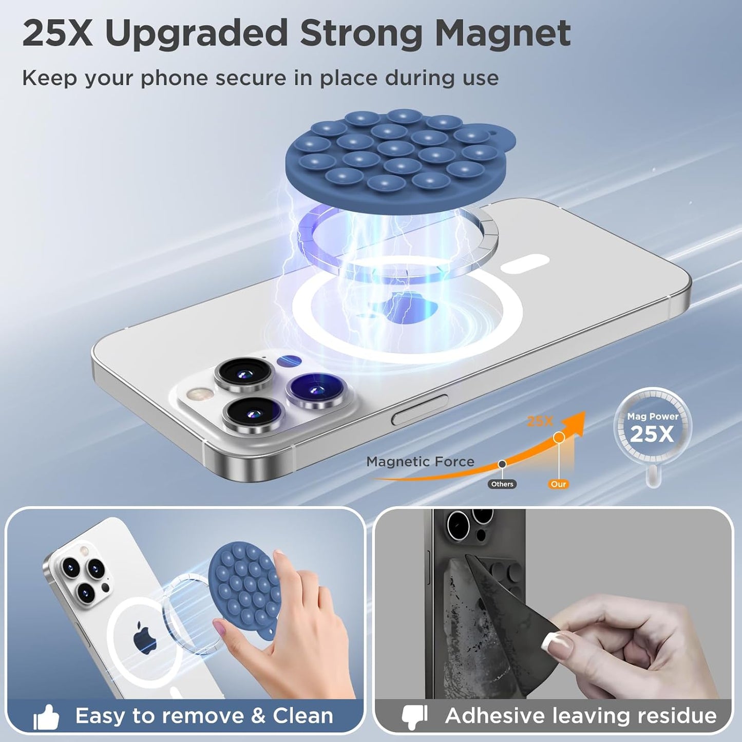 Magnetic Suction Cup Phone Mount for MagSafe Case, Silicone Hands-Free Grip Holder for iPhone and Android, Mirror Shower Phone Stand for Makeup FaceTime Gym Kitchen Bathroom, Azure Blue